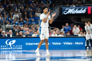 Creighton Bluejay Austin Swartz (#1) celebrates a made basket during a basketball game against South Dakota on Wednesday, November 5, 2025, in Omaha, Nebraska. Photo by Brandon Tiedemann.
