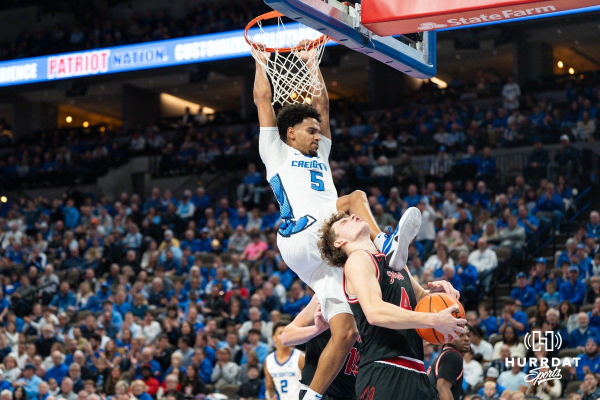 Creighton Bluejay Nik Graves (#5) dunks during a basketball game against South Dakota on Wednesday, November 5, 2025, in Omaha, Nebraska. Photo by Brandon Tiedemann.