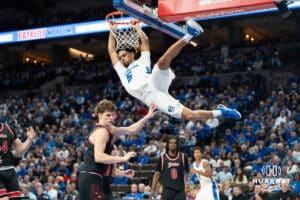 Creighton Bluejay Nik Graves (#5) dunks during a basketball game against South Dakota on Wednesday, November 5, 2025, in Omaha, Nebraska. Photo by Brandon Tiedemann.