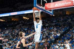 Creighton Bluejay Nik Graves (#5) dunks during a basketball game against South Dakota on Wednesday, November 5, 2025, in Omaha, Nebraska. Photo by Brandon Tiedemann.