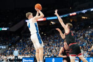 Creighton Bluejay Josh Dix (#4) shoots a pull up jump shot during a basketball game against South Dakota on Wednesday, November 5, 2025, in Omaha, Nebraska. Photo by Brandon Tiedemann.