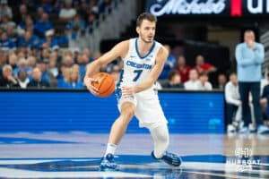 Creighton Bluejay Fedor Žugić (#7) dribbles the ball during a basketball game against South Dakota on Wednesday, November 5, 2025, in Omaha, Nebraska. Photo by Brandon Tiedemann.
