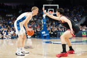 Creighton Bluejay Josh Dix (#4) waits for a screen during a basketball game against South Dakota on Wednesday, November 5, 2025, in Omaha, Nebraska. Photo by Brandon Tiedemann.