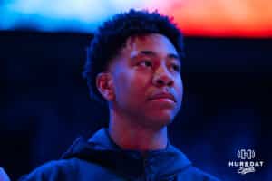 Creighton Bluejay Blake Harper (#2) stands during the anthem before a basketball game against South Dakota on Wednesday, November 5, 2025, in Omaha, Nebraska. Photo by Brandon Tiedemann.