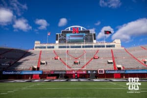 Nebraska Cornhusker flag is black for the Black Out game before the college football game against the Southern California Trojans on Saturday, November 1, 2025, in Lincoln, Nebraska. Photo by John S. Peterson.