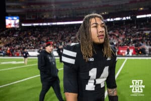 Nebraska Cornhusker quarterback TJ Lateef (14) walks off the field after the loss to the Southern California Trojans during a college football game on Saturday, November 1, 2025, in Lincoln, Nebraska. Photo by John S. Peterson.