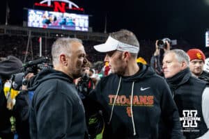 Nebraska Cornhusker head coach Matt Rhule and Southern California Trojan head coach Lincoln Riley shake hands after the college football game on Saturday, November 1, 2025, in Lincoln, Nebraska. Photo by John S. Peterson.