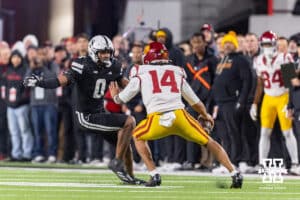 Nebraska Cornhusker linebacker Javin Wright (0) chases Southern California Trojan quarterback Jayden Maiava (14) in the fourth quarter during a college football game on Saturday, November 1, 2025, in Lincoln, Nebraska. Photo by John S. Peterson.