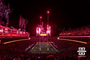 Nebraska Cornhusker drone show after the third quarter against the Southern California Trojans during a college football game on Saturday, November 1, 2025, in Lincoln, Nebraska. Photo by John S. Peterson.