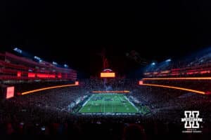 Nebraska Cornhusker drone show after the third quarter against the Southern California Trojans during a college football game on Saturday, November 1, 2025, in Lincoln, Nebraska. Photo by John S. Peterson.