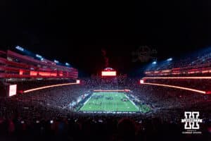 Nebraska Cornhusker drone show after the third quarter against the Southern California Trojans during a college football game on Saturday, November 1, 2025, in Lincoln, Nebraska. Photo by John S. Peterson.