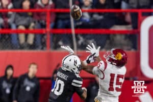Nebraska Cornhusker defensive back Andrew Marshall (10) breaks up a pass to Southern California Trojan wide receiver Jaden Richardson (15) in the third quarter during a college football game on Saturday, November 1, 2025, in Lincoln, Nebraska. Photo by John S. Peterson.