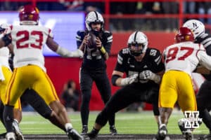 Nebraska Cornhusker quarterback TJ Lateef (14) takes the snap after Dylan Raiola was injured in the third quarter against the Southern California Trojans during a college football game on Saturday, November 1, 2025, in Lincoln, Nebraska. Photo by John S. Peterson.