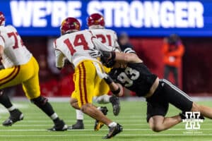Nebraska Cornhusker defensive lineman Kade Pietrzak (93) tries to tackle Southern California Trojan quarterback Jayden Maiava (14) in the second quarter during a college football game on Saturday, November 1, 2025, in Lincoln, Nebraska. Photo by John S. Peterson.