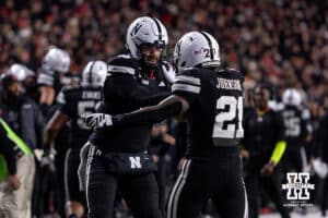 Nebraska Cornhusker wide receiver Nyziah Hunter (13) and running back Emmett Johnson (21) celebrates a touchdown in the second quarter against the Southern California Trojans during a college football game on Saturday, November 1, 2025, in Lincoln, Nebraska. Photo by John S. Peterson.