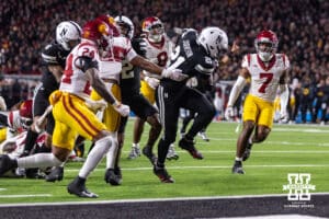 Nebraska Cornhusker running back Emmett Johnson (21) runs the ball for a touchdown against the Southern California Trojans in the second quarter during a college football game on Saturday, November 1, 2025, in Lincoln, Nebraska. Photo by John S. Peterson.
