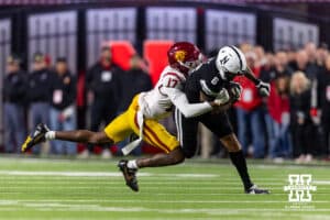 Nebraska Cornhusker wide receiver Dane Key (6) runs with the ball after a catch against Southern California Trojan cornerback Decarlos Nicholson (17) in the second quarter during a college football game on Saturday, November 1, 2025, in Lincoln, Nebraska. Photo by John S. Peterson.