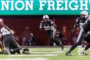 Nebraska Cornhusker wide receiver Kenneth Williams (32) runs with the ball returning a punt against the Southern California Trojans in the second quarter during a college football game on Saturday, November 1, 2025, in Lincoln, Nebraska. Photo by John S. Peterson.