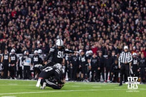 Nebraska Cornhusker kicker Kyle Cunanan (91) kicks an extra point in the first quarter against the Southern California Trojans during a college football game on Saturday, November 1, 2025, in Lincoln, Nebraska. Photo by John S. Peterson.