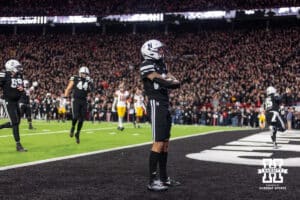 Nebraska Cornhusker wide receiver Dane Key (6) celebrates his touchdown standing in front of the fans against the Southern California Trojans in the first quarter during a college football game on Saturday, November 1, 2025, in Lincoln, Nebraska. Photo by John S. Peterson.