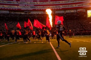 Nebraska Cornhusker quarterback Dylan Raiola (15) leads the Huskers out to take on the Southern California Trojans during a college football game on Saturday, November 1, 2025, in Lincoln, Nebraska. Photo by John S. Peterson.
