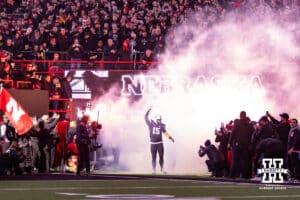 Nebraska Cornhusker quarterback Dylan Raiola (15) fans to the fans as he leads the Huskers out to take on the Southern California Trojans during a college football game on Saturday, November 1, 2025, in Lincoln, Nebraska. Photo by John S. Peterson.