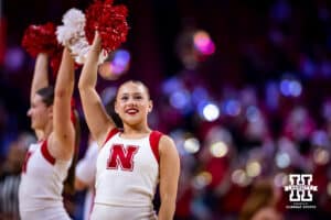 Nebraska Cornhusker Spirit Squad member performs at a break in the action against the West Georgia Wolves in the second half during a college men’s basketball game on Monday, November 3, 2025, in Lincoln, Nebraska. Photo by John S. Peterson.