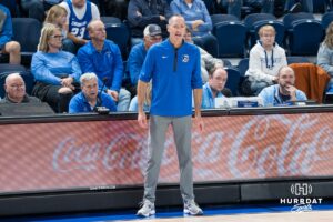 Creighton Bluejay head coach Jim Flanery calls out a play during a basketball game against South Dakota State on Monday, November 3, 2025, in Omaha, Nebraska. Photo by Brandon Tiedemann.