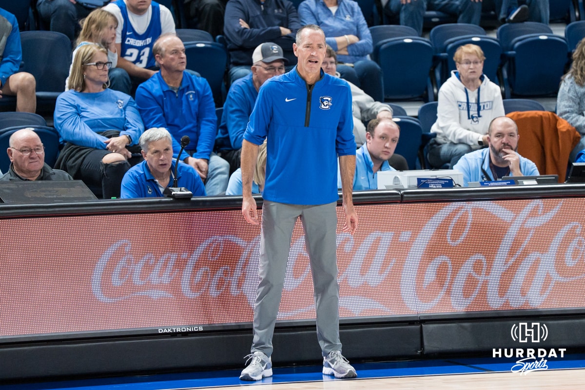 Creighton Bluejay head coach Jim Flanery calls out a play during a basketball game against South Dakota State on Monday, November 3, 2025, in Omaha, Nebraska. Photo by Brandon Tiedemann.