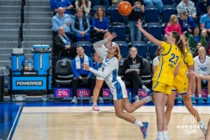 Creighton Bluejay Kiani Lockett (#11) gets fouled driving to the hoop during a basketball game against South Dakota State on Monday, November 3, 2025, in Omaha, Nebraska. Photo by Brandon Tiedemann.