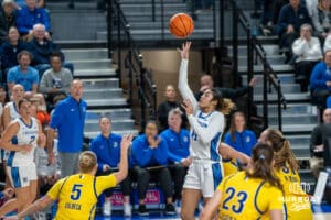 Creighton Bluejay Kiani Lockett (#11) shoots a floater during a basketball game against South Dakota State on Monday, November 3, 2025, in Omaha, Nebraska. Photo by Brandon Tiedemann.