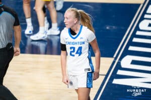 Creighton Bluejay Ava Zediker (#24) celebrates a made basket during a basketball game against South Dakota State on Monday, November 3, 2025, in Omaha, Nebraska. Photo by Brandon Tiedemann.