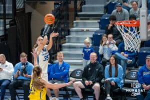 Creighton Bluejay Elizabeth Gentry (#35) shoots a jump shot during a basketball game against South Dakota State on Monday, November 3, 2025, in Omaha, Nebraska. Photo by Brandon Tiedemann.