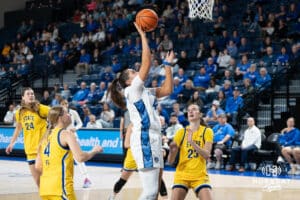Creighton Bluejay Grace Boffeli (#42) shoots a layup during a basketball game against South Dakota State on Monday, November 3, 2025, in Omaha, Nebraska. Photo by Brandon Tiedemann.