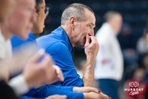Creighton Bluejay head coach Jim Flanery sits nervously on the bench during a basketball game against South Dakota State on Monday, November 3, 2025, in Omaha, Nebraska. Photo by Brandon Tiedemann.