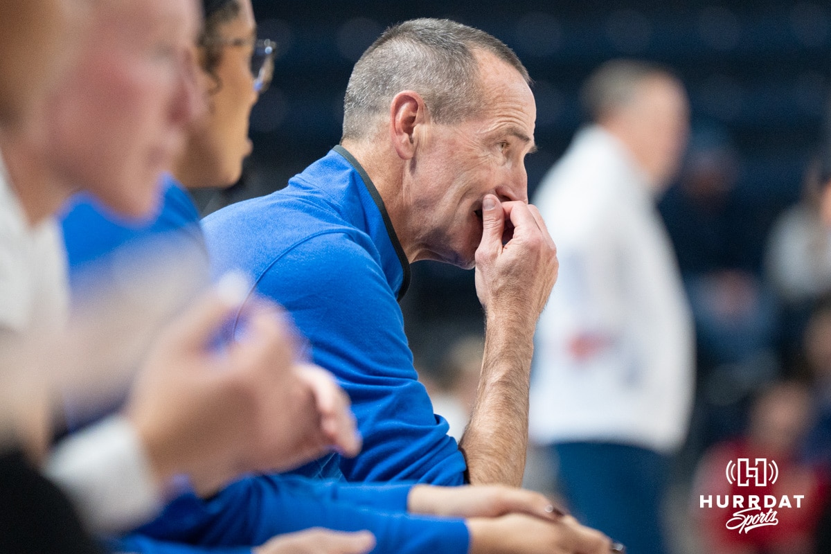 Creighton Bluejay head coach Jim Flanery sits nervously on the bench during a basketball game against South Dakota State on Monday, November 3, 2025, in Omaha, Nebraska. Photo by Brandon Tiedemann.