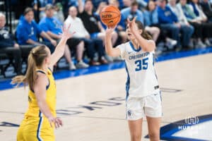 Creighton Bluejay Elizabeth Gentry (#35) shoots a three pointer during a basketball game against South Dakota State on Monday, November 3, 2025, in Omaha, Nebraska. Photo by Brandon Tiedemann.