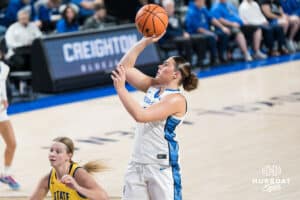 Creighton Bluejay Kennedy Townsend (#2) looks to make a contested floater during a basketball game against South Dakota State on Monday, November 3, 2025, in Omaha, Nebraska. Photo by Brandon Tiedemann.
