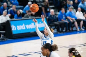 Creighton Bluejay Kiani Lockett (#11) shoots a free-throw during a basketball game against South Dakota State on Monday, November 3, 2025, in Omaha, Nebraska. Photo by Brandon Tiedemann.