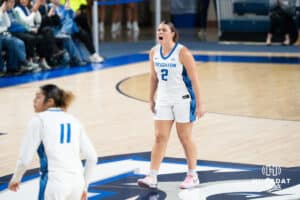 Creighton Bluejay Kennedy Townsend (#2) celebrates a three pointer during a basketball game against South Dakota State on Monday, November 3, 2025, in Omaha, Nebraska. Photo by Brandon Tiedemann.
