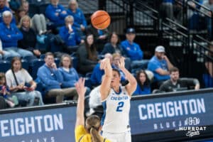 Creighton Bluejay Kennedy Townsend (#2) shoots a contested three pointer during a basketball game against South Dakota State on Monday, November 3, 2025, in Omaha, Nebraska. Photo by Brandon Tiedemann.
