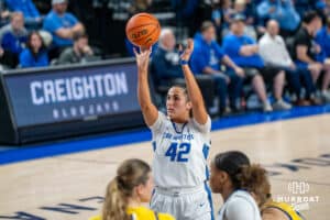 Creighton Bluejay Grace Boffeli (#42) shoots a free-throw during a basketball game against South Dakota State on Monday, November 3, 2025, in Omaha, Nebraska. Photo by Brandon Tiedemann.