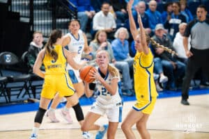 Creighton Bluejay Ava Zediker (#24) looks to shoot during a basketball game against South Dakota State on Monday, November 3, 2025, in Omaha, Nebraska. Photo by Brandon Tiedemann.