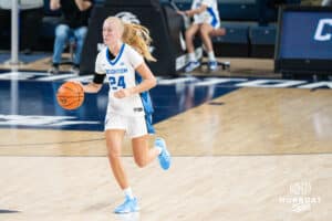 Creighton Bluejay Ava Zediker (#24) pushes the ball up court during a basketball game against South Dakota State on Monday, November 3, 2025, in Omaha, Nebraska. Photo by Brandon Tiedemann.