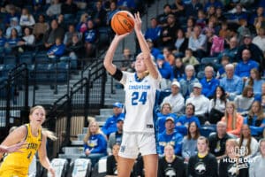 Creighton Bluejay Ava Zediker (#24) shoots a pull up jump shot during a basketball game against South Dakota State on Monday, November 3, 2025, in Omaha, Nebraska. Photo by Brandon Tiedemann.