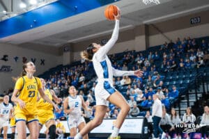 Creighton Bluejay Kiani Lockett (#11) shoots a layup during a basketball game against South Dakota State on Monday, November 3, 2025, in Omaha, Nebraska. Photo by Brandon Tiedemann.