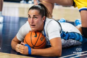 Creighton Bluejay Grace Boffeli (#42) calls a timeout after a lose ball during a basketball game against South Dakota State on Monday, November 3, 2025, in Omaha, Nebraska. Photo by Brandon Tiedemann.
