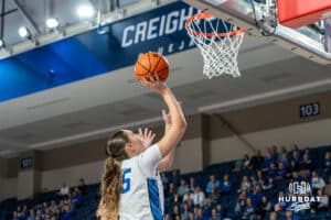 Creighton Bluejay Elizabeth Gentry (#35) shoots a layup during a basketball game against South Dakota State on Monday, November 3, 2025, in Omaha, Nebraska. Photo by Brandon Tiedemann.