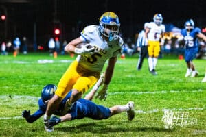 Wahoo's Eli Shada (5) is getting stopped at the goal line after huge gain of yards during a high school football game at Concordia on Friday, October 24, 2025 in Omaha, Nebraska. Photo By Jack Stephens.