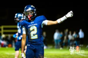 Concordia's Tanner David (2) is making sure hes lined up correctly during a high school football game against Wahoo on Friday, October 24, 2025 in Omaha, Nebraska. Photo By Jack Stephens.